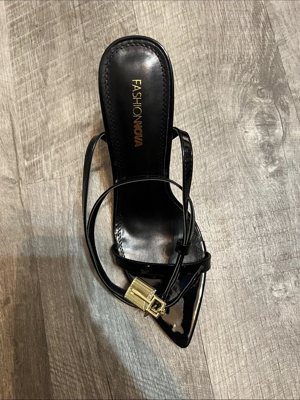 Fashion Nova Black Patent Pointed-Toe Strappy Heel with Gold Buckle